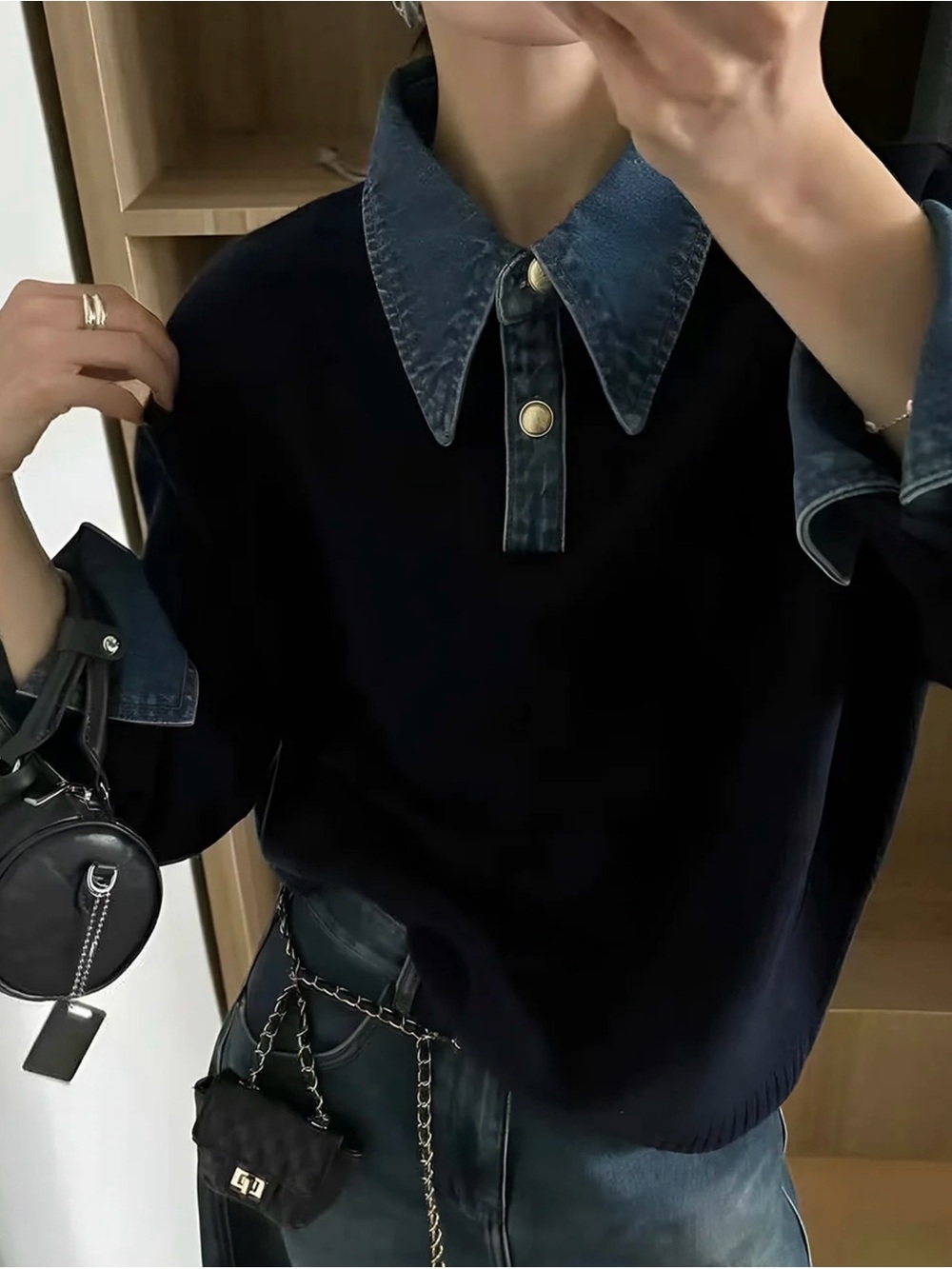 Commense Black Pullover with Denim-Style Collar